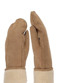 Bruine suède wanten met een zachte crèmekleurige fleeceboord, voorzien van een eenvoudig ontwerp en zichtbare stiksels langs de naden.