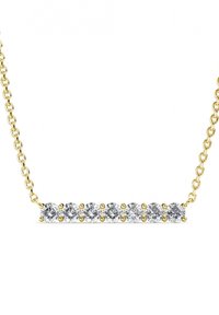 Collana d'oro con una fila orizzontale di sei pietre rotonde e trasparenti, tenute in posizione da piccole perle dorate, con una semplice catenina.