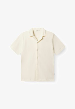 Lühikeste varrukatega kreemikas nööbitav särk kampakaelusega ja peente vertikaalsete tekstuuriliste triipudega.