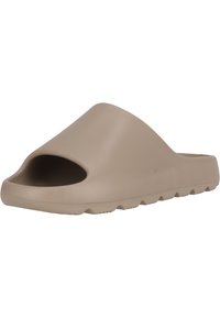 Beige slip-on sandal lavet af glat gummi med åben tå-design, let hævet hæl og en rillet sål for bedre greb.