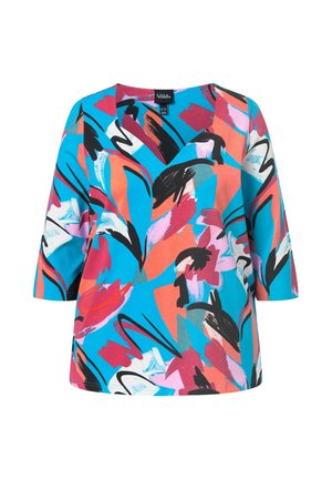 Maglietta con scollo a V e maniche a metà gomito, caratterizzata da un motivo astratto con pennellate blu, corallo, rosa, nero, bianco e grigio.