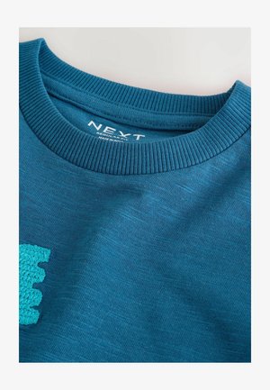 Teal katoenen sweatshirt met een geribbelde ronde hals en een textuur van turquoise haakwerkontwerp op de voorkant. Het label toont "NEXT."