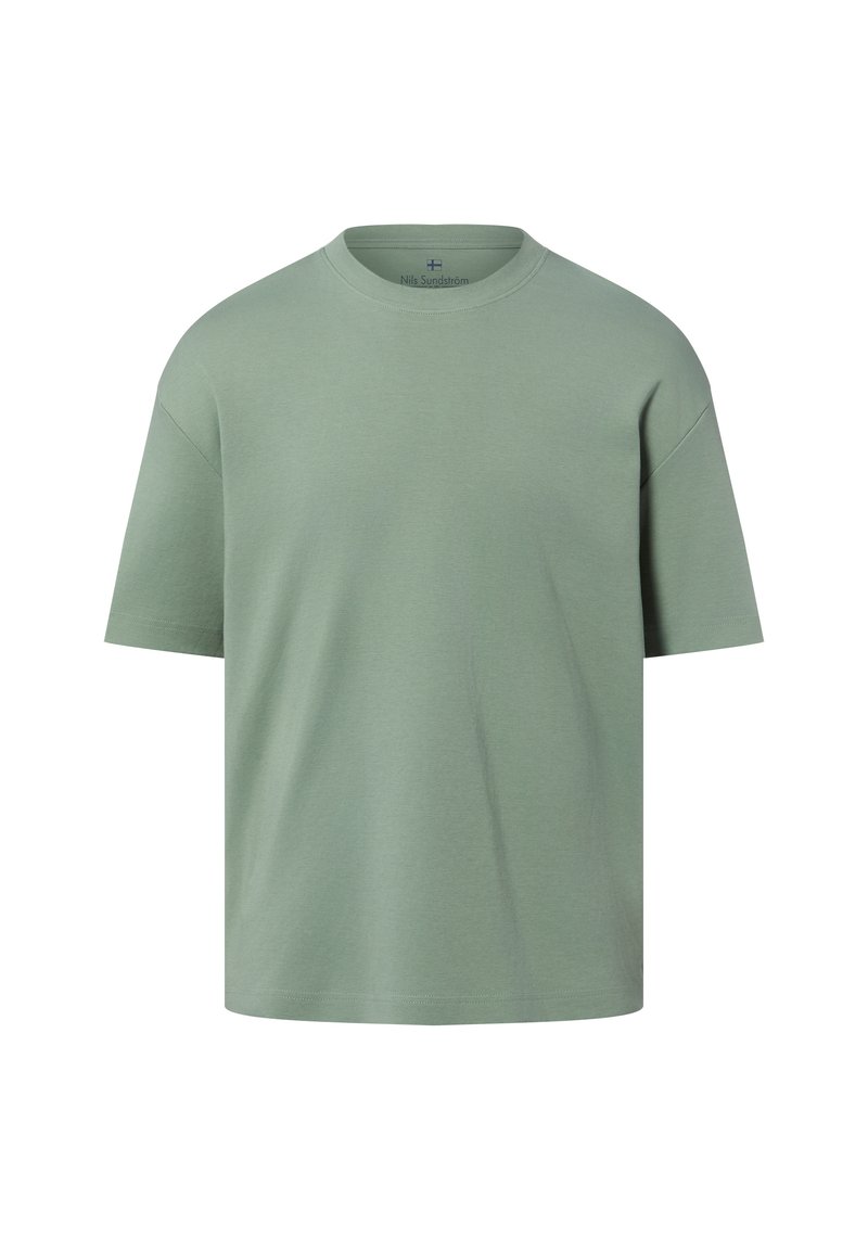 Light green cotton t-shirt with short sleeves, crew neckline, and relaxed fit. Smooth texture, simple design, and no patterns or accents.