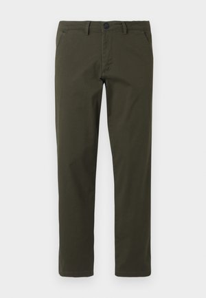 Olive green, straight-leg trousers made from cotton blend fabric. Features a zipper fly, belt loops, and two side pockets. Smooth texture.