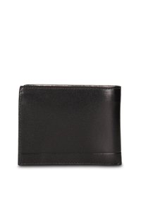 Portafoglio in pelle nera con texture liscia, design bifold e dettagli cuciti. Forma rettangolare compatta senza elementi metallici visibili.