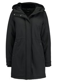 Parka negra con cremallera y capucha, hecha de tela suave. Cuenta con dos bolsillos frontales, cierre oculto y un forro de felpa en el interior.