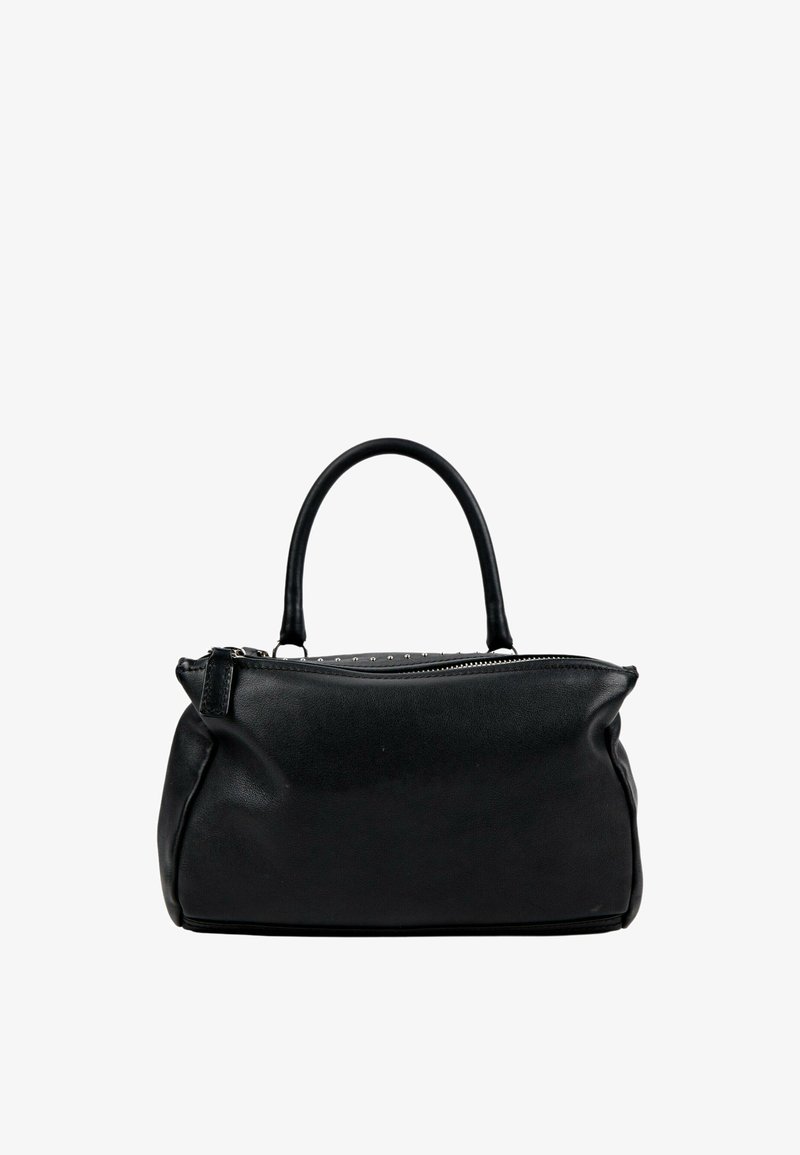 Sac à main en cuir noir avec une seule poignée supérieure et une fermeture éclair, exposé sur un fond blanc.
