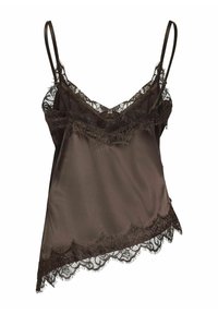 Pruun satiinist kamisol peene musta pitsiga kaeluse ja ääre ümber, reguleeritavate spagettrihmade ja pehme tekstuuriga.