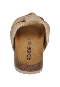 Beige suede slide sandal with knotted strap detail, cork midsole, and textured footbed. Marked with "ROHDE" and size 38.