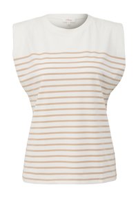Bílý bezrukávový top s béžovými horizontálními pruhy a polstrovanými rameny, kulatým výstřihem a běžným střihem značky s.Oliver.
