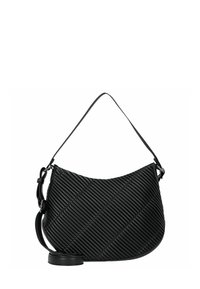 Borsa a spalla in pelle nera con forma curvata, caratterizzata da un motivo trapuntato diagonale, una tracolla regolabile e una superficie liscia.