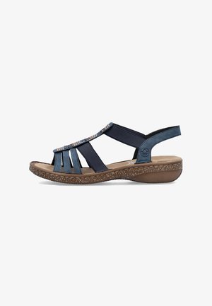 Navy blauwe sandalen met textiele bovenkant, open ontwerp, decoratieve banden, en een lage, gestructureerde wig zool voor comfort.