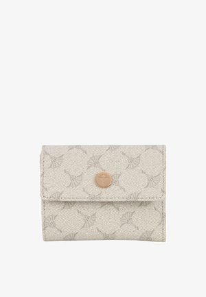 Portefeuille gris clair en tissu texturé, avec un motif subtil, une fermeture à pression et un petit accent doré. Conception compacte et rectangulaire.