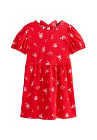 Rotes Kleid mit kurzen Puffärmeln, Blumenmuster in Weiß, figurbetonter Oberkörper mit gerafftem Taillenbereich und einer Bindeschließe im Rückenbereich des Ausschnitts.