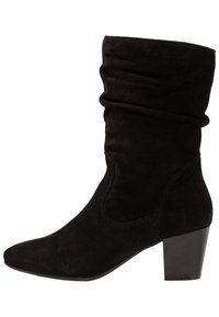 Bottes en suède noires mi-mollet avec un dessus froissé, bout pointu et talon carré.