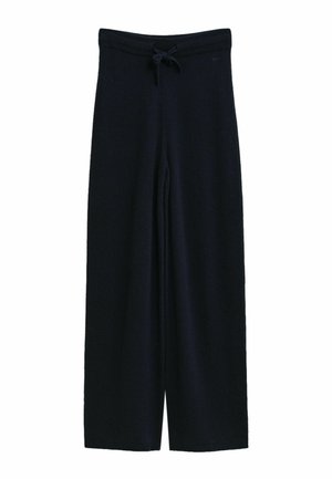 Black wide-leg knit pants with a drawstring waist and ribbed waistband and hem.