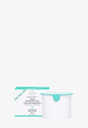 Drunk Elephant Protini Polypeptide Cream with teal lid and box, featuring peptides and pygmy waterlily for strengthening and moisturizing skin.