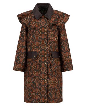 Cappotto impermeabile marrone con motivo a fiori arancioni, dotato di un colletto scuro, rouches sulle spalle e tasche frontali con chiusura a scatto.
