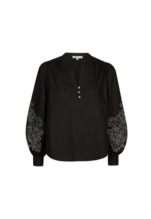 Zwarte shirt met V-hals, knoopsluiting en pofmouwen. Heeft witte geborduurde paisley patronen op de mouwen. Katoenen materiaal.