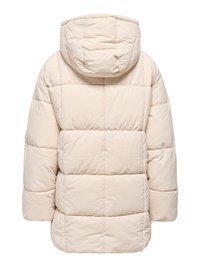 Roomkleurige gevoerde winterjas met lange mouwen, grote capuchon en horizontale stiksels op de rug.