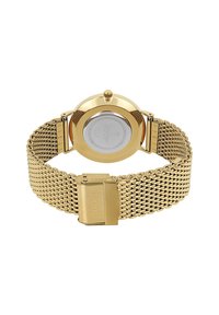 Goldfarbene Armbanduhr mit einem Mesh-Armband und Verschluss, auf der Rückseite das Gehäuse mit "JOOP!" graviert und Edelstahl-Details.