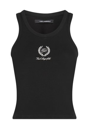 Zwarte mouwloze tanktop van gladde stof, met een witte geborduurde logo en lauwerkrans ontwerp op de borst. Heeft een aansluitende snit.