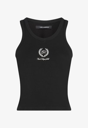 Zwarte mouwloze tanktop van gladde stof, met een witte geborduurde logo en lauwerkrans ontwerp op de borst. Heeft een aansluitende snit.