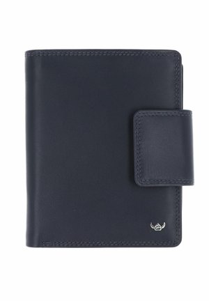 Portefeuille en cuir bleu marine avec une fermeture pression et un petit emblème argenté dans le coin inférieur droit, présenté fermé sur un fond blanc.