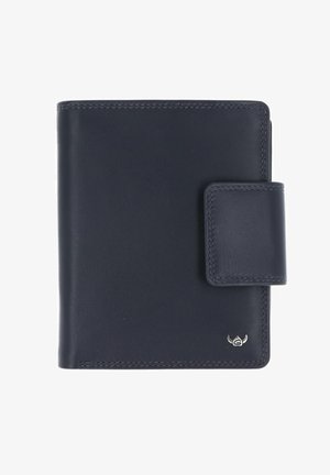 Portefeuille en cuir bleu marine avec une fermeture pression et un petit emblème argenté dans le coin inférieur droit, présenté fermé sur un fond blanc.