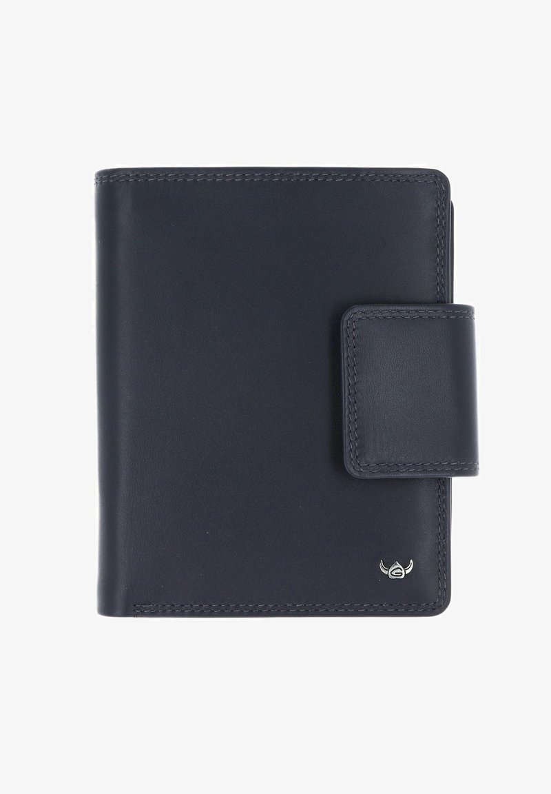 Portefeuille en cuir bleu marine avec une fermeture pression et un petit emblème argenté dans le coin inférieur droit, présenté fermé sur un fond blanc.