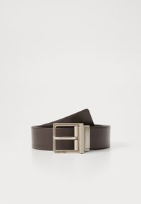 Brown leather belt with a silver metal buckle. The design features a rectangular shape and a smooth texture. Calvin Klein branding is visible.