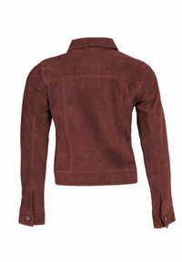 Wildleder-Jacke in Burgundrot mit Kragen, langen Ärmeln und Knopfverzierungen. Verfügt über ein figurbetontes Design und sichtbare Nähte entlang der Nähte.