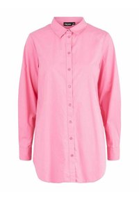 Pink long-sleeve shirt with a pointed collar, button front, and a straight cut. Made from smooth fabric, features a slight sheen.