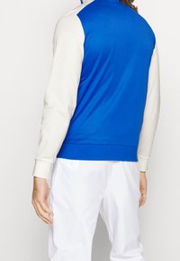 Blå och creamfärgad sweatshirt med långa ärmar, som har en enhetlig blå kropp och creamfärgade ärmar, mjuk textur och en avslappnad passform.