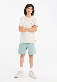 Crème T-shirt met een zwart logo, gecombineerd met mintgroene shorts met een logo en witte sneakers met grijze accenten. Witte achtergrond.