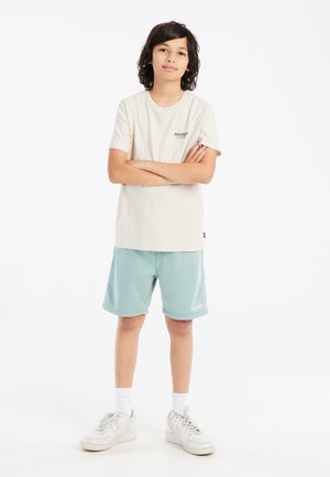 Camiseta de color crema con un logo negro, combinada con pantalones cortos verde menta que tienen un logo, y zapatillas blancas con acentos grises. Fondo blanco.