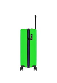 Stevige koffer in felgroen met een paarse rits. Voorzien van een uitschuifbare handgreep en vier wielen voor gemakkelijke manoeuvreerbaarheid.