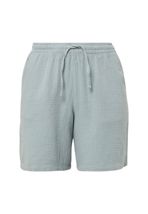 Helle blaue Baumwollshorts mit einem elastischen Bund und Kordelzug. Strukturierter Stoff mit lockerer Passform und Seitentaschen.