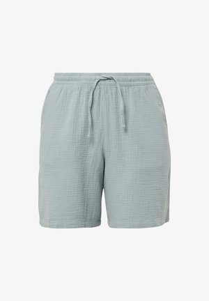 Helle blaue Baumwollshorts mit einem elastischen Bund und Kordelzug. Strukturierter Stoff mit lockerer Passform und Seitentaschen.