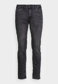 Jeans din denim negru cu o croială dreaptă, textură ușor decolorată, cinci buzunare, nasture metalic și fermoar. Marginea este curată și brută.