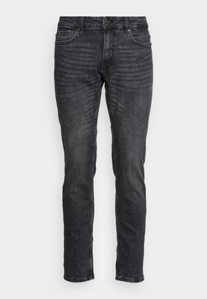 Jeans din denim negru cu o croială dreaptă, textură ușor decolorată, cinci buzunare, nasture metalic și fermoar. Marginea este curată și brută.