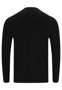 Langärmliges schwarzes Shirt aus weichem Baumwollstoff, mit Rundhalsausschnitt und eng anliegenden Ärmeln, ohne sichtbare Muster oder Hardwaredetails.