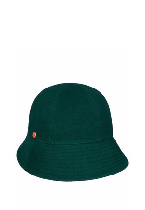 Deep green felt bucket hat with stitched panels and a small round orange accent on the side.