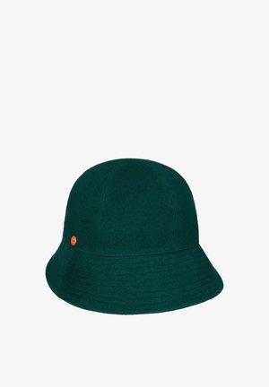 Deep green felt bucket hat with stitched panels and a small round orange accent on the side.