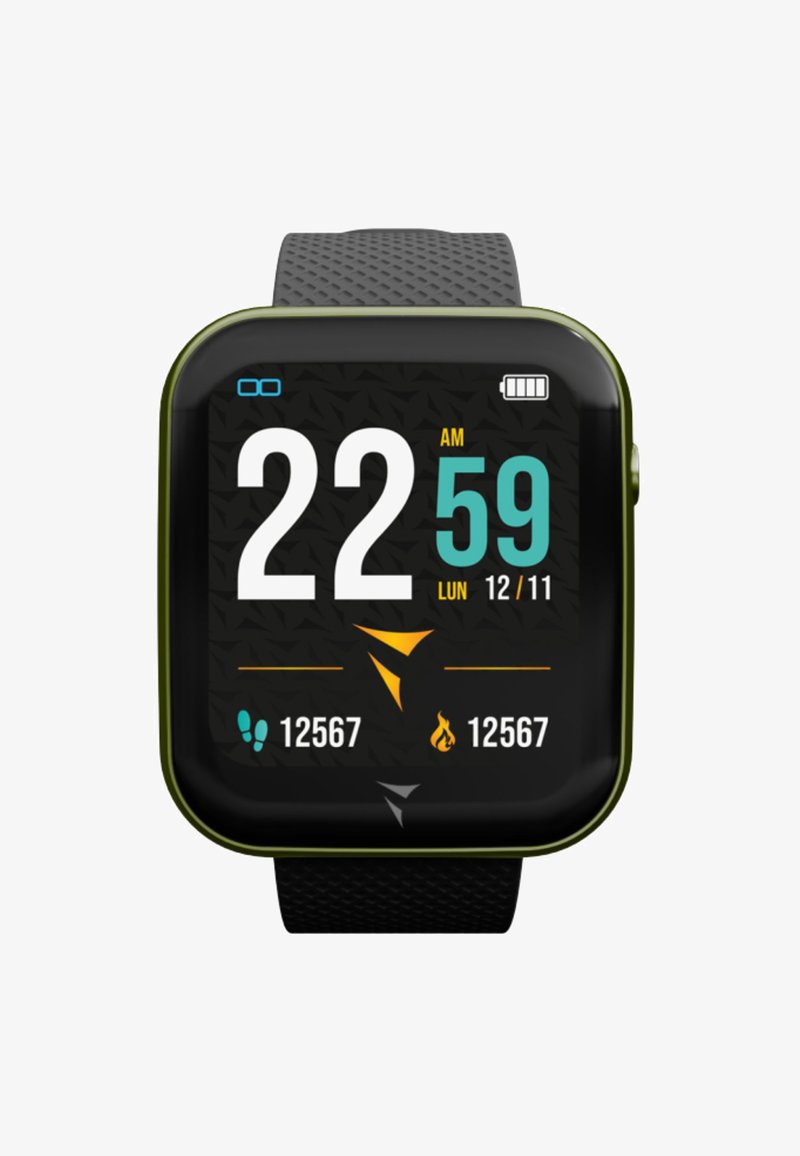 Black smartwatch with a square face, green accents, displaying time, date, and fitness stats on a textured black background.