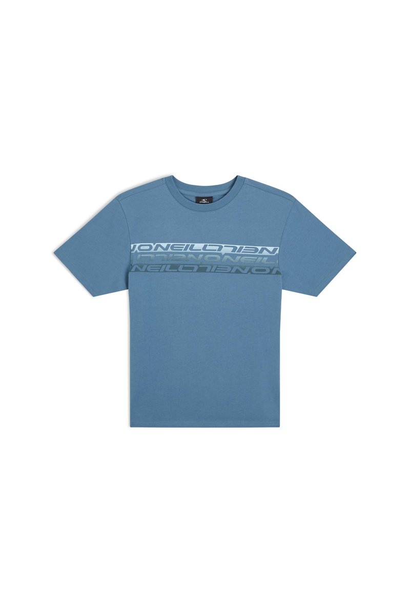 Blå bomulds T-shirt med korte ærmer. Har et iøjnefaldende, gentaget logo-tryk i hvid og mørkegrå tværs over brystet. Rund halsudskæring.