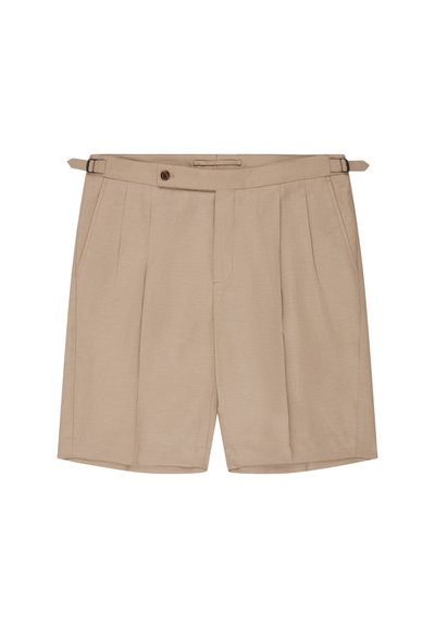 Beige tailored shorts with front pleats, side pockets, button closure, and adjustable side buckle straps on a white background.