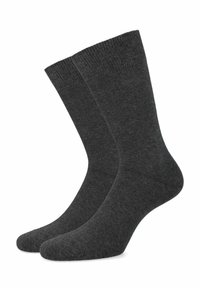 Ciemnoszare skarpetki wykonane z miękkiego, elastycznego materiału. Żebrowany mankiet u góry, bezszwowy palec, lekki design i gładka tekstura.