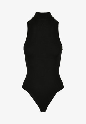 Mustalt ilmaülikond ilma varrukateta ja kõrge kaelusega, valmistatud siledast ja venivast kangast; omab kõrge lõikega sääri, mis loob sujuva siluetti.