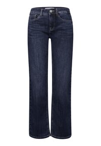 Vaqueros de mezclilla azul oscuro de pierna recta con botón frontal, cierre de cremallera, trabillas para cinturón y bolsillos delanteros.